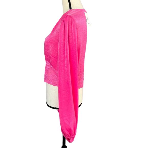 Bar III X-Large Cropped Top Long Balloon Sleeves Lace-Hem Button-Up V-Neck Pink - Picture 7 of 10